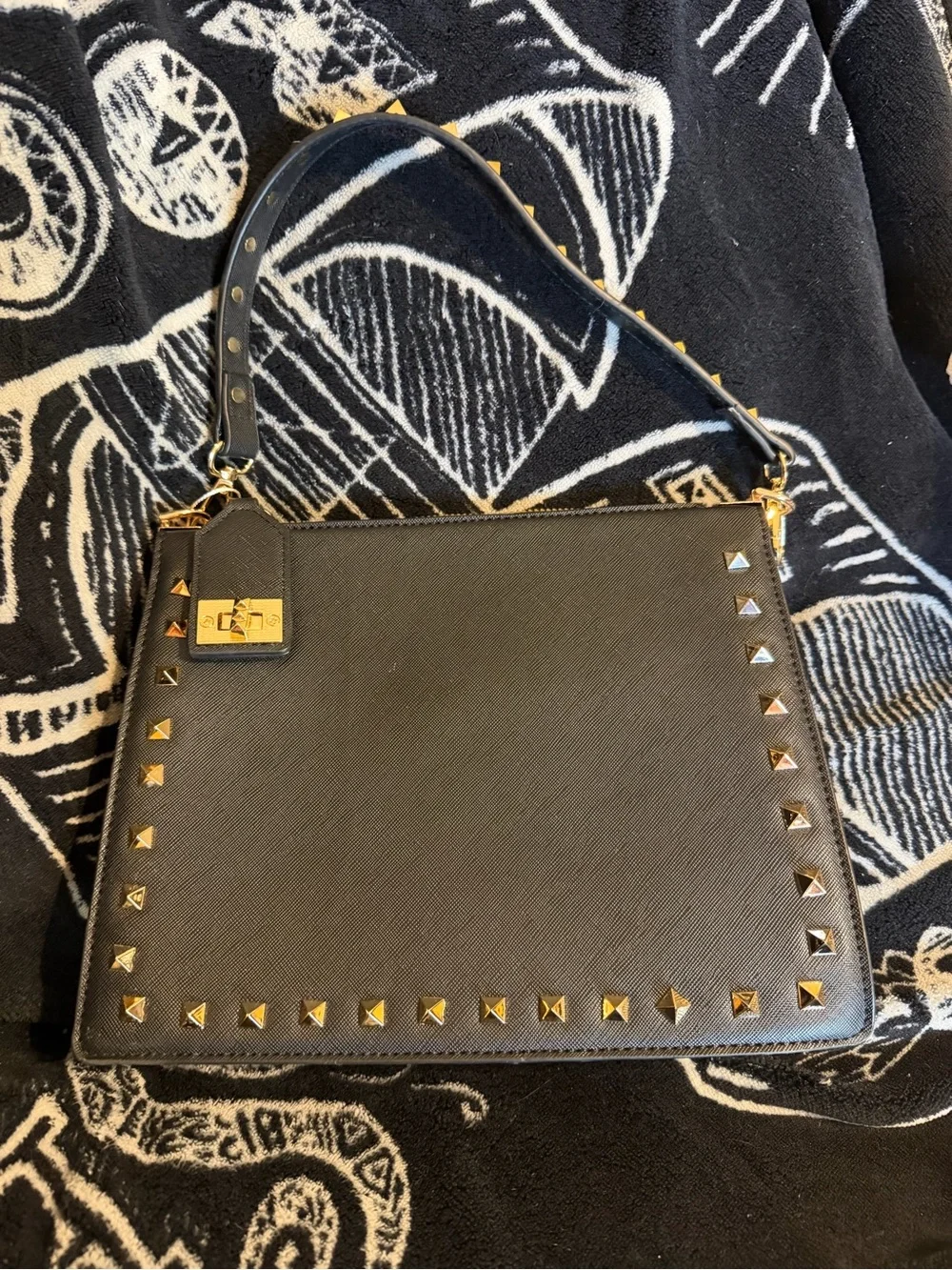 Black Studded Leather Top-Handle Bag